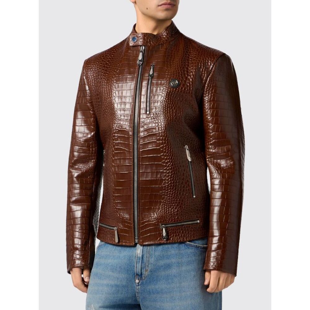 Philipp Plein Men Crocodile Print Leather Biker Jacket Philipp Plein